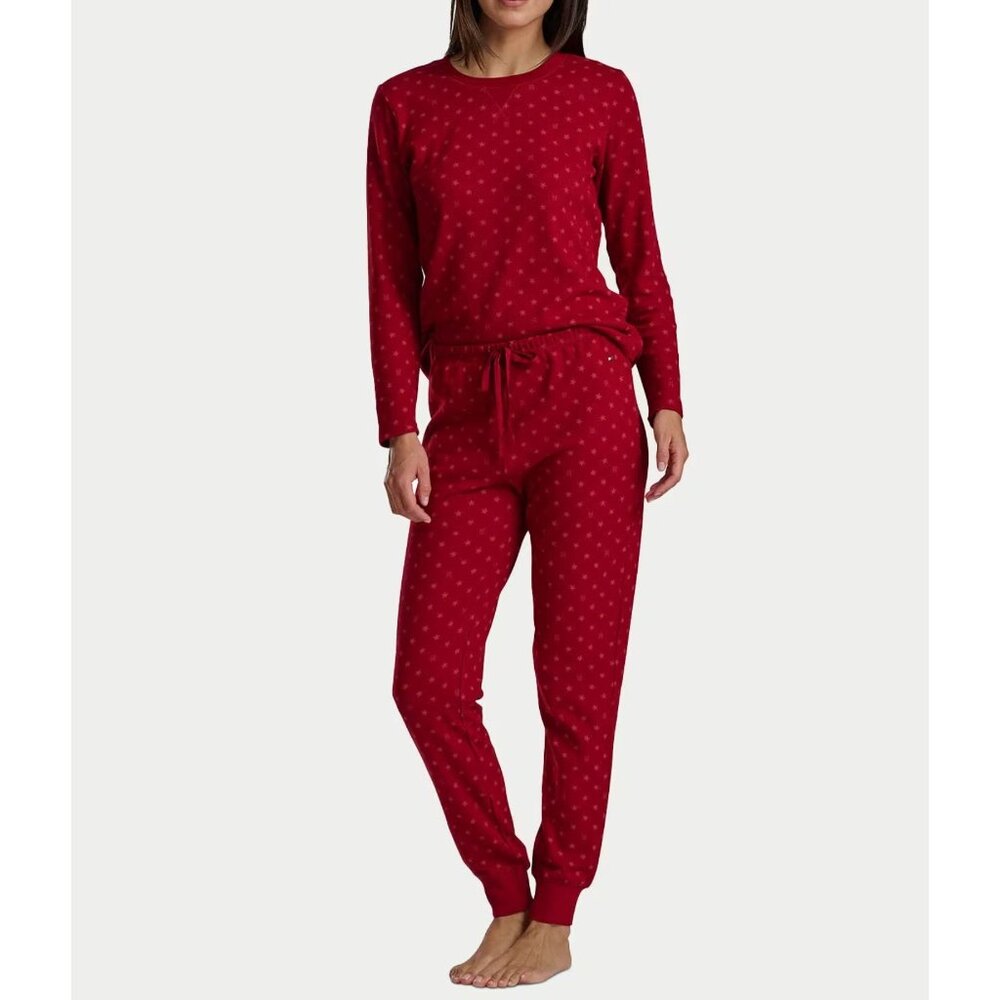 NEW Tommy Hilfiger Womens Medium‎ Red Star Print 2 Piece Thermal Knit Pajama Set